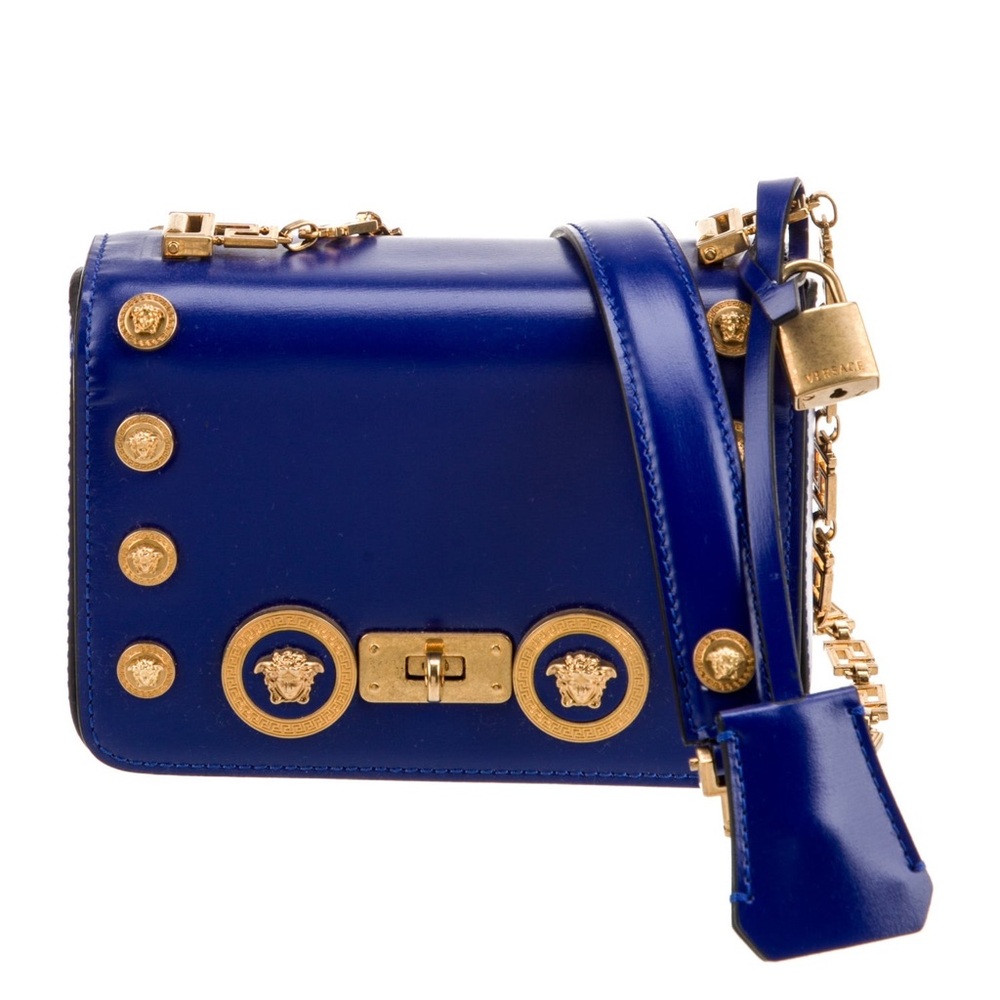Versace Royal Blue Leather Medusa-Embellished Crossbody Bag with Gold Hardware